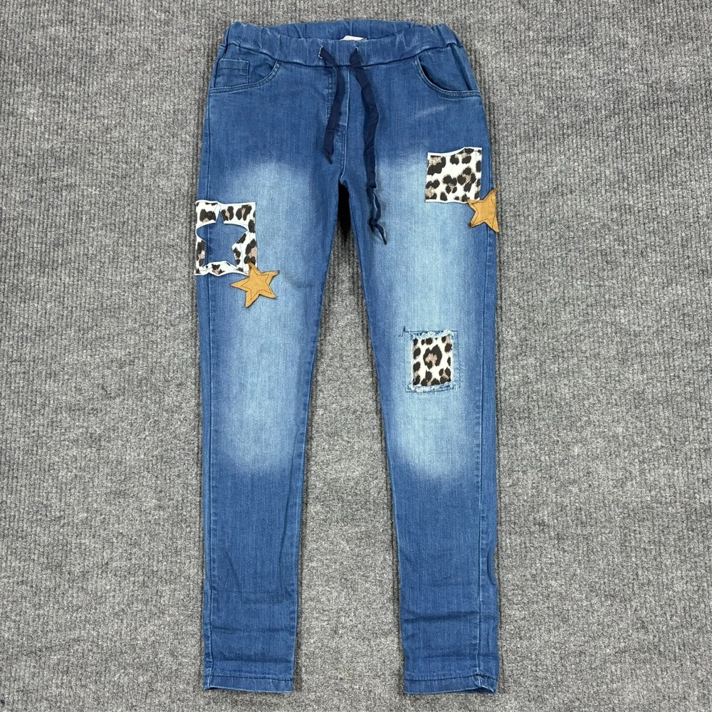 Tina Stephens Italy Womens Stretch Jeans Leopard Patch Drawstring Skinny Pants S